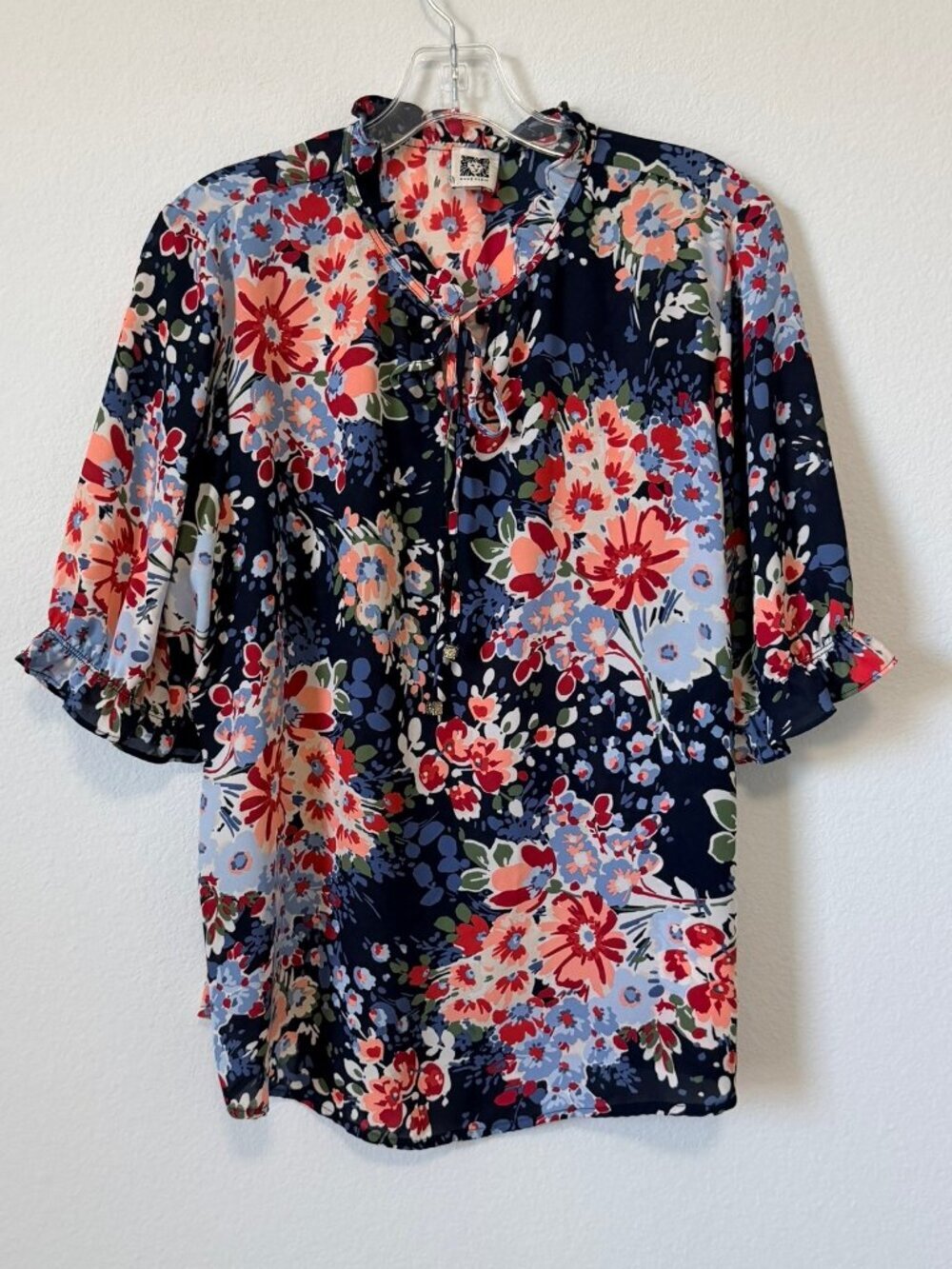 Anne Klein Short Sleeve Ruffled Tie Neck Floral Career Blouse Women's Size M?